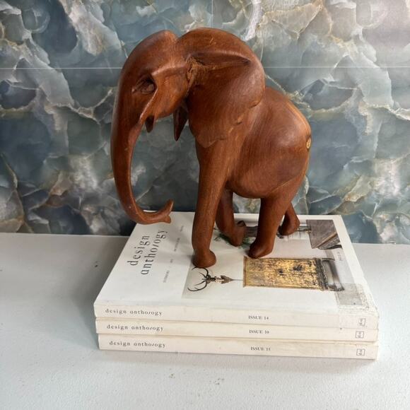 Hand Carved Wooden Elephant Figurine 10" Tall Decorative Sculpture - Picture 2 of 9